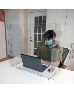 Clear Polycarbonate Trifold Screen protecting employee from COVID spread front view