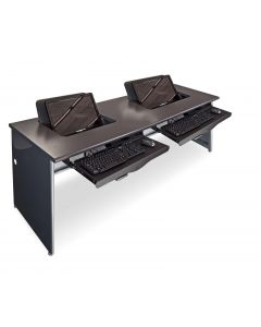 Thermofoil top metal base computer desk for two people with keyboard trays and hideaway monitor mount