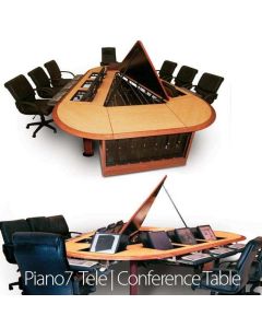 Wood edge and veneer Conference Table for 7-9 users with concealed monitor mounts cpu storage and lid open for wire management 