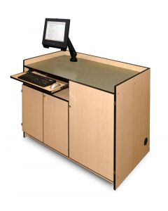 Multimedia Podium with Monitor Arm keyboard tray and three locking  doors in maple laminate and black pvc edges  