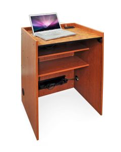 Podium Lectern with laptop computer with power and data ports in wood grain laminate
