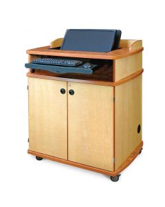 Multimedia Podium 40" wide maple cabinet with concealed monitor mount keyboard tray and locking casters