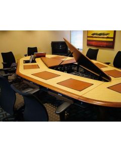 Conference table for 10 users with concealed monitor mounts cpu storage with lids in wood veneer and wood edge