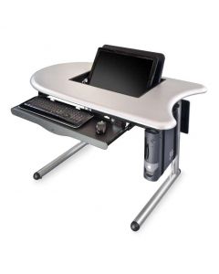 Computer table with right concave curved end opened concealed monitor mount keyboard try cpu holder and steel legs 