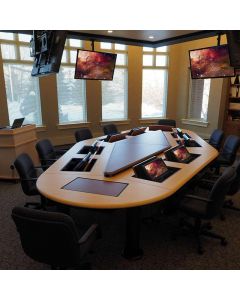 Conference table for 10 users with concealed monitor mounts and thermofoil finish