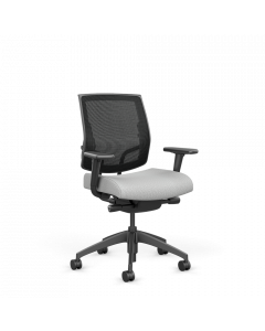 Focus Midback Work Task Chair with black mesh back grey upholstered seat height adjustable arms and casters Front view