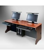 Motorless monitor lift computer desk in wild cherry finish for two people