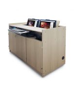 Multimedia Podium Lectern with 2 recessed monitors keyboard tray and 3 locking cabinet doors in wood grained laminate